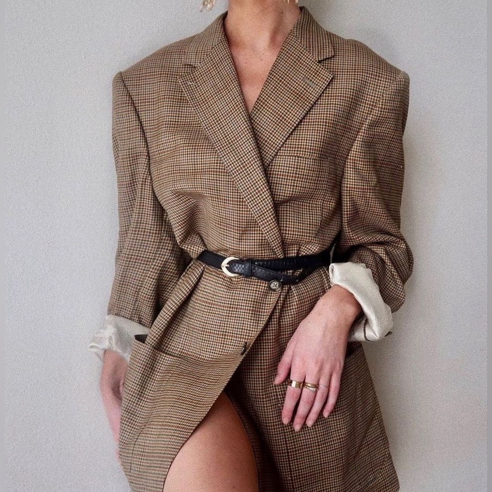 PROTOCOL Oversized Plaid Brown Blazer - Workwear Elegance